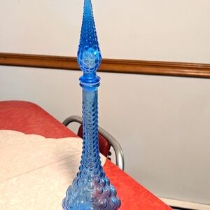 Vintage MCM Bubble Glass Blue Genie Bottle Decanter 15in